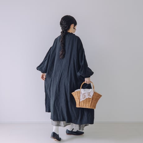 クシュ襟コートワンピース　/　フレンチリネン　/　BK