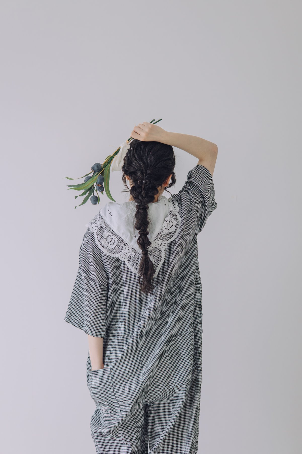 限定5点 Vあきフリルのオールインワン / 3mm ギンガムチェックlinen