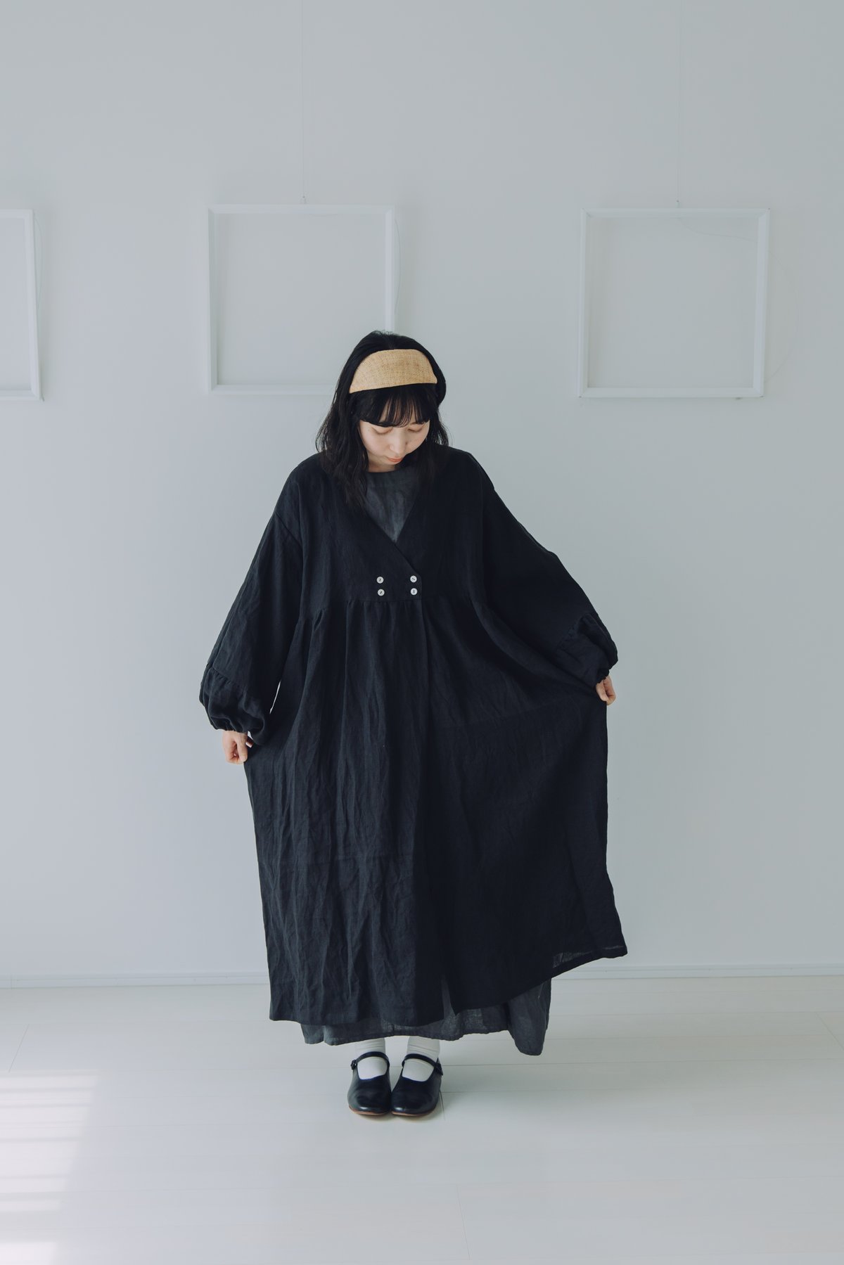 着物衿風カシュクールワンピース 長袖 / フレンチリネン60 BLK