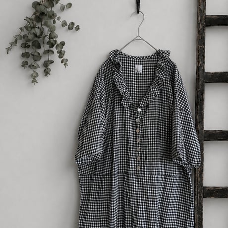 先行予約販売　Vあきフリルのオールインワン/ギンガムチェックlinen