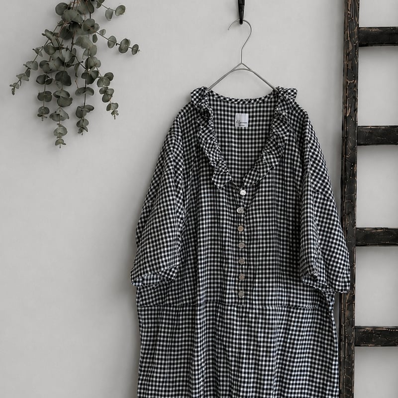 先行予約販売 Vあきフリルのオールインワン/ギンガムチェックlinen
