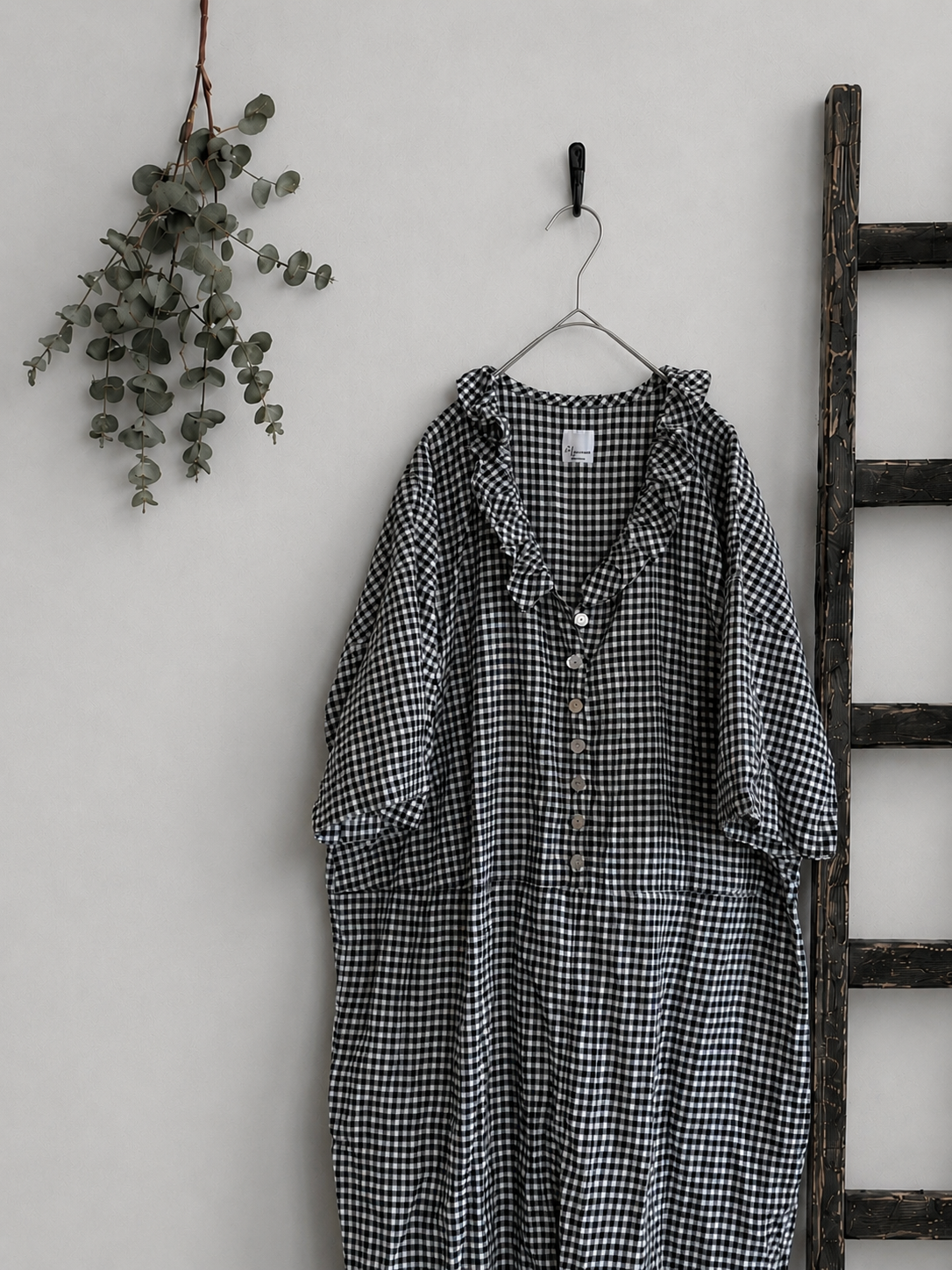 先行予約販売 Vあきフリルのオールインワン/ギンガムチェックlinen