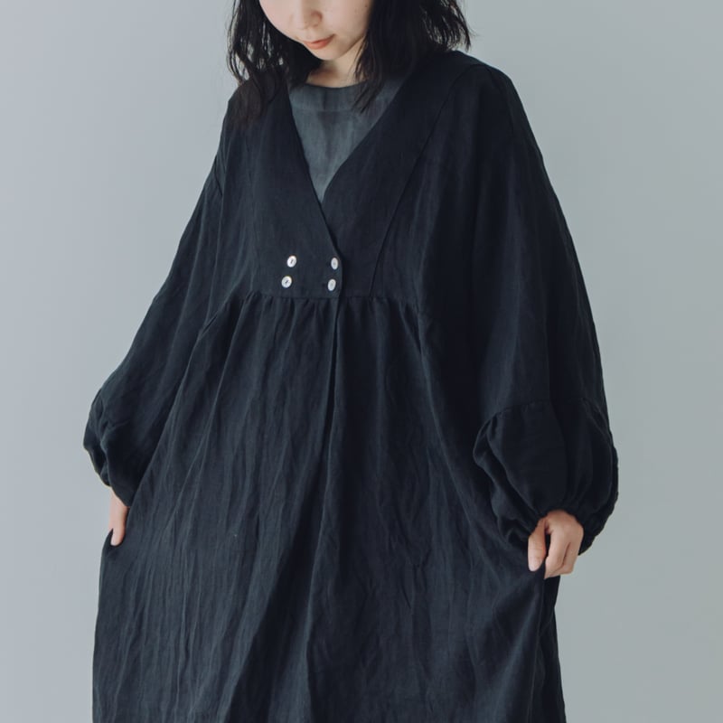 着物衿風カシュクールワンピース 長袖 / フレンチリネン60 BLK
