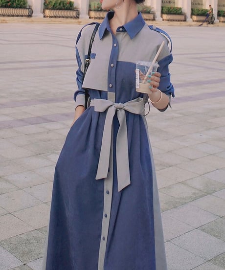 covered button blue and gray dress (1 color)