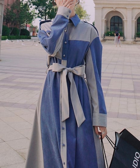 covered button blue and gray dress (1 color)