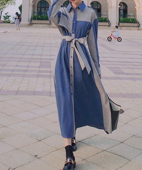 covered button blue and gray dress (1 color)