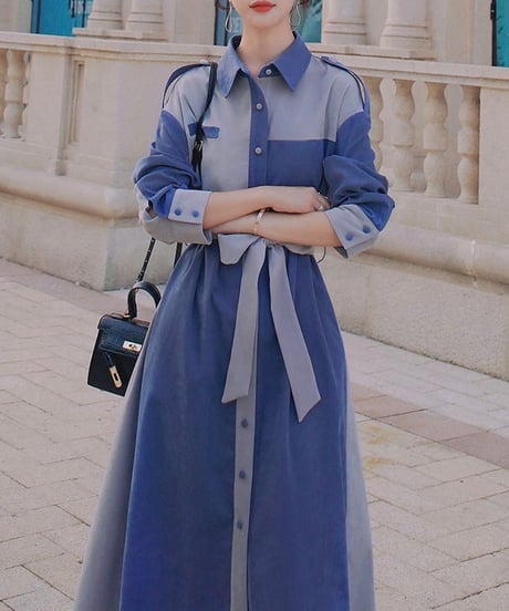 covered button blue and gray dress (1 color)