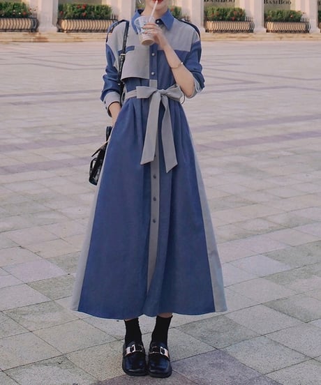covered button blue and gray dress (1 color)