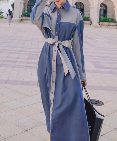 covered button blue and gray dress (1 color)