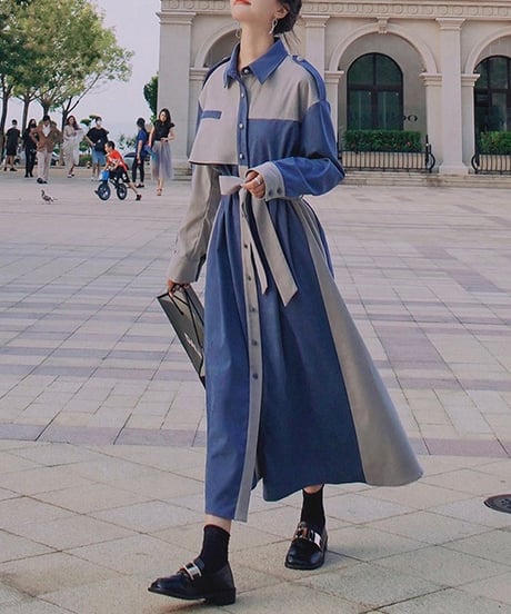 covered button blue and gray dress (1 color)