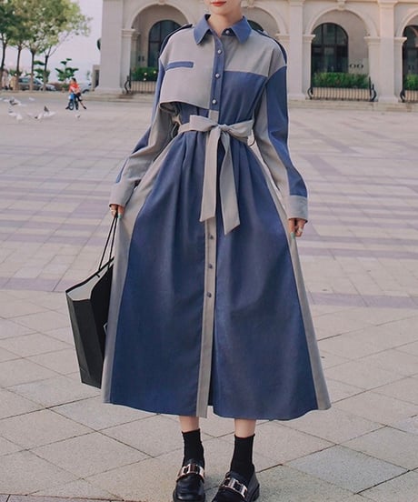 covered button blue and gray dress (1 color)