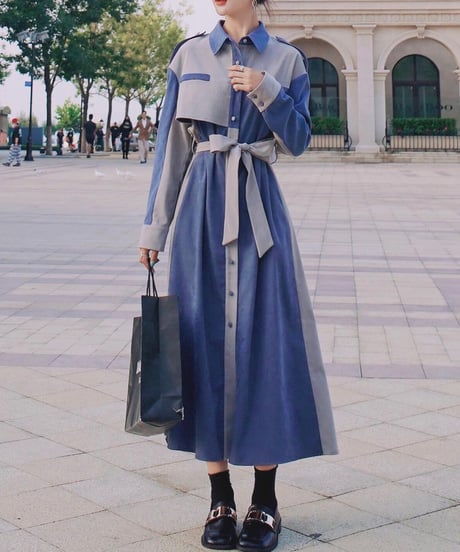 covered button blue and gray dress (1 color)