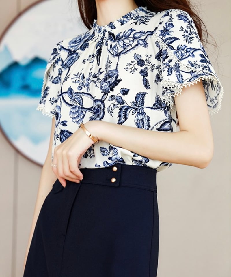 ARMEN/アーメン】SMALL FLOWER B/N SMOCK（シャツ／ブラウス