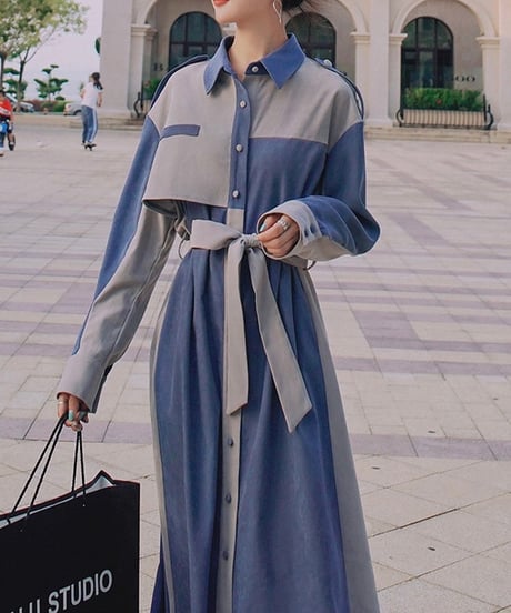 covered button blue and gray dress (1 color)