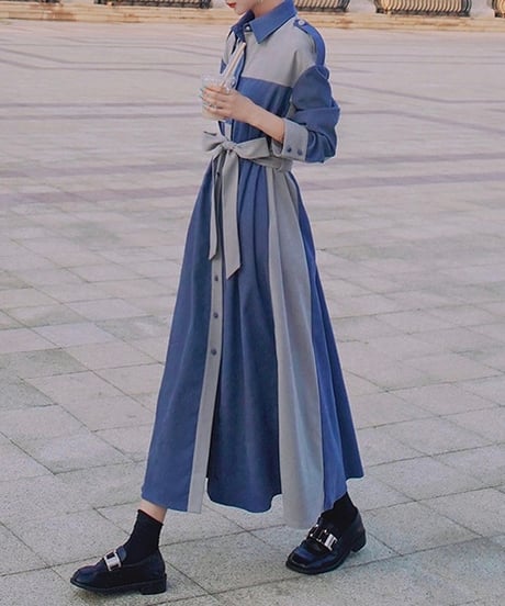 covered button blue and gray dress (1 color)