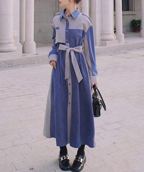 covered button blue and gray dress (1 color)