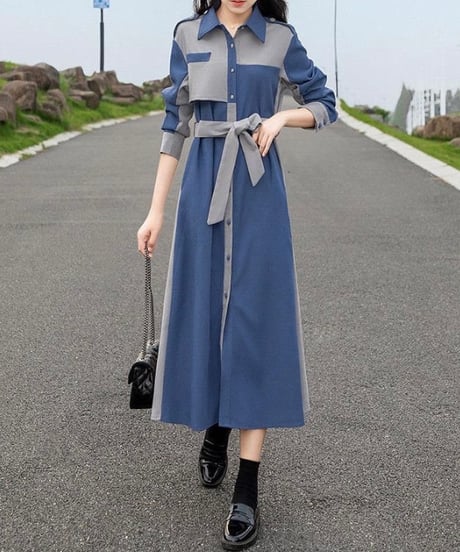 covered button blue and gray dress (1 color)