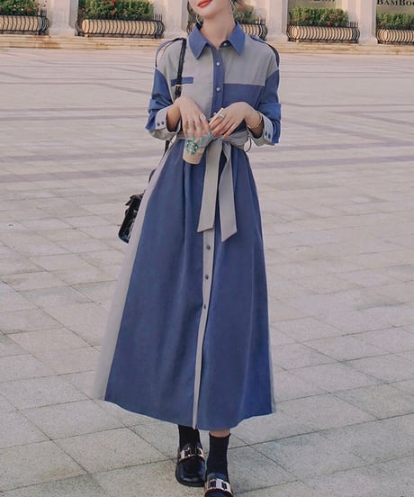 covered button blue and gray dress (1 color)