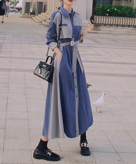 covered button blue and gray dress (1 color)
