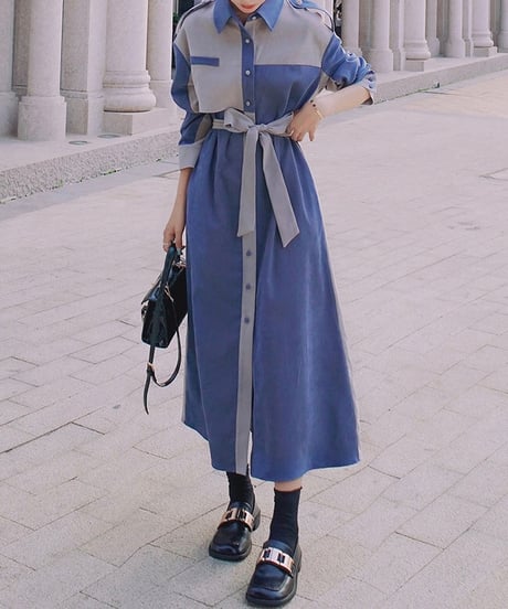 covered button blue and gray dress (1 color)