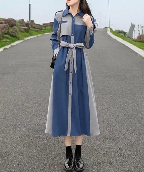 covered button blue and gray dress (1 color)