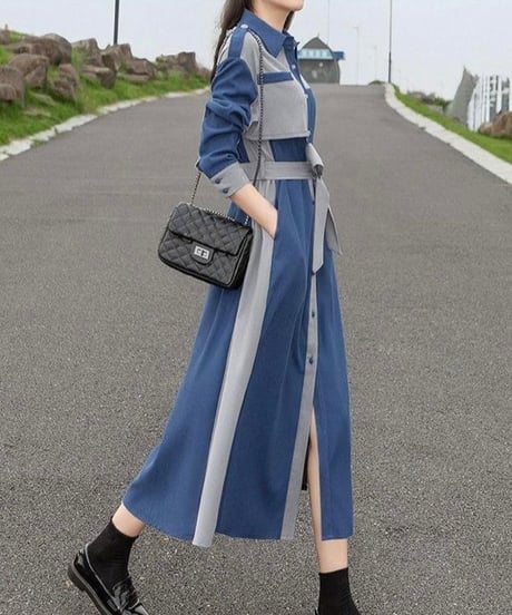 covered button blue and gray dress (1 color)