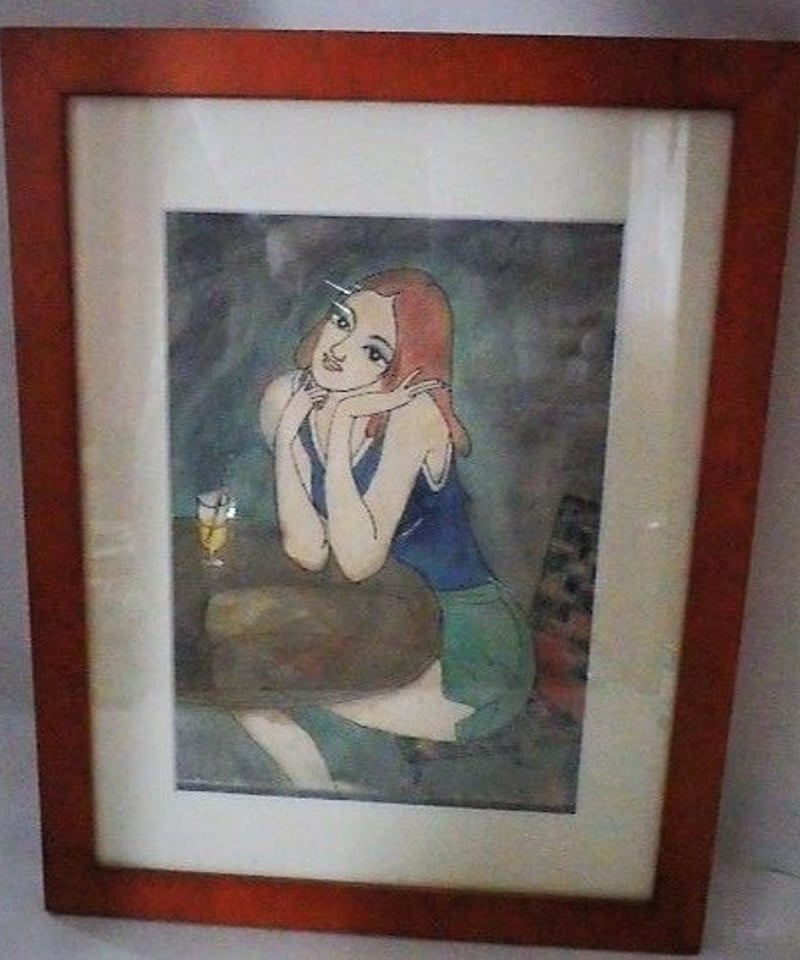 大久保鳥人(竹林居)美人画にアジサイ　肉筆　水彩画　額入り 大久保鳥人(竹林居)美人画にアジサイ 肉筆 水彩画 額入り