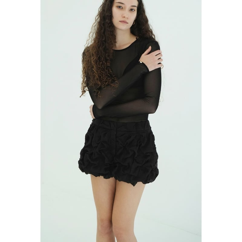 トップス CLANE W TULLE SHIRRING TOPS BLACK CLANE クラネ “SHEER TULLE TOPS” シアーチュールトップス | t / wo