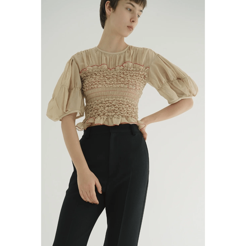 CLANE クラネ “COLOR STITCHED SHIRRING TOPS” カラーステッ