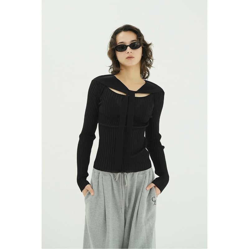 CLANE クラネ “SHEER RIB RIBBON KINT TOPS” シアーリブリボン