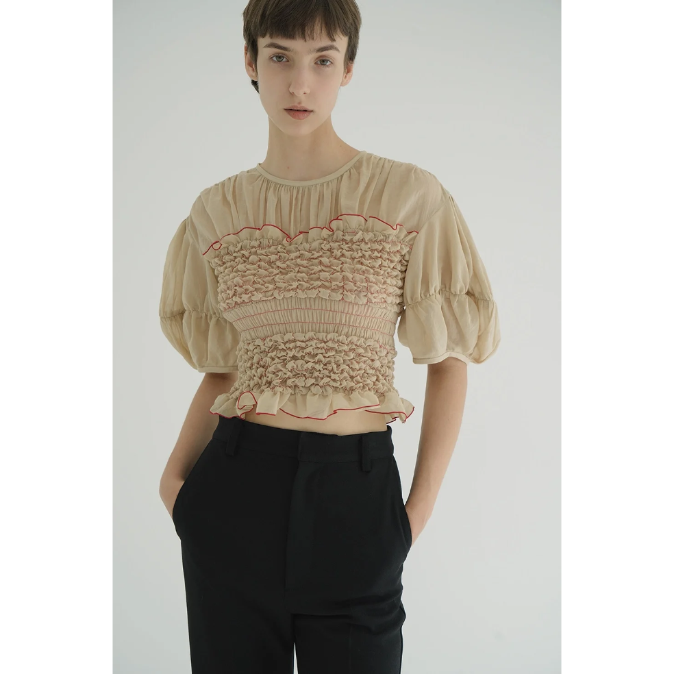 CLANE クラネ “COLOR STITCHED SHIRRING TOPS” カラーステッ