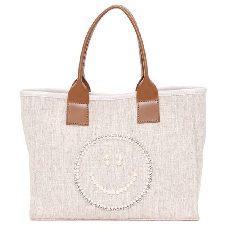 フェイクパールがスマイルフェイスを彩る☆パール刺繍トートバッグ  