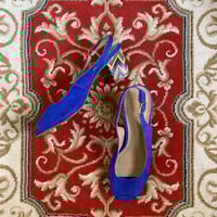 vivid blue suede shoes with rainbow heel