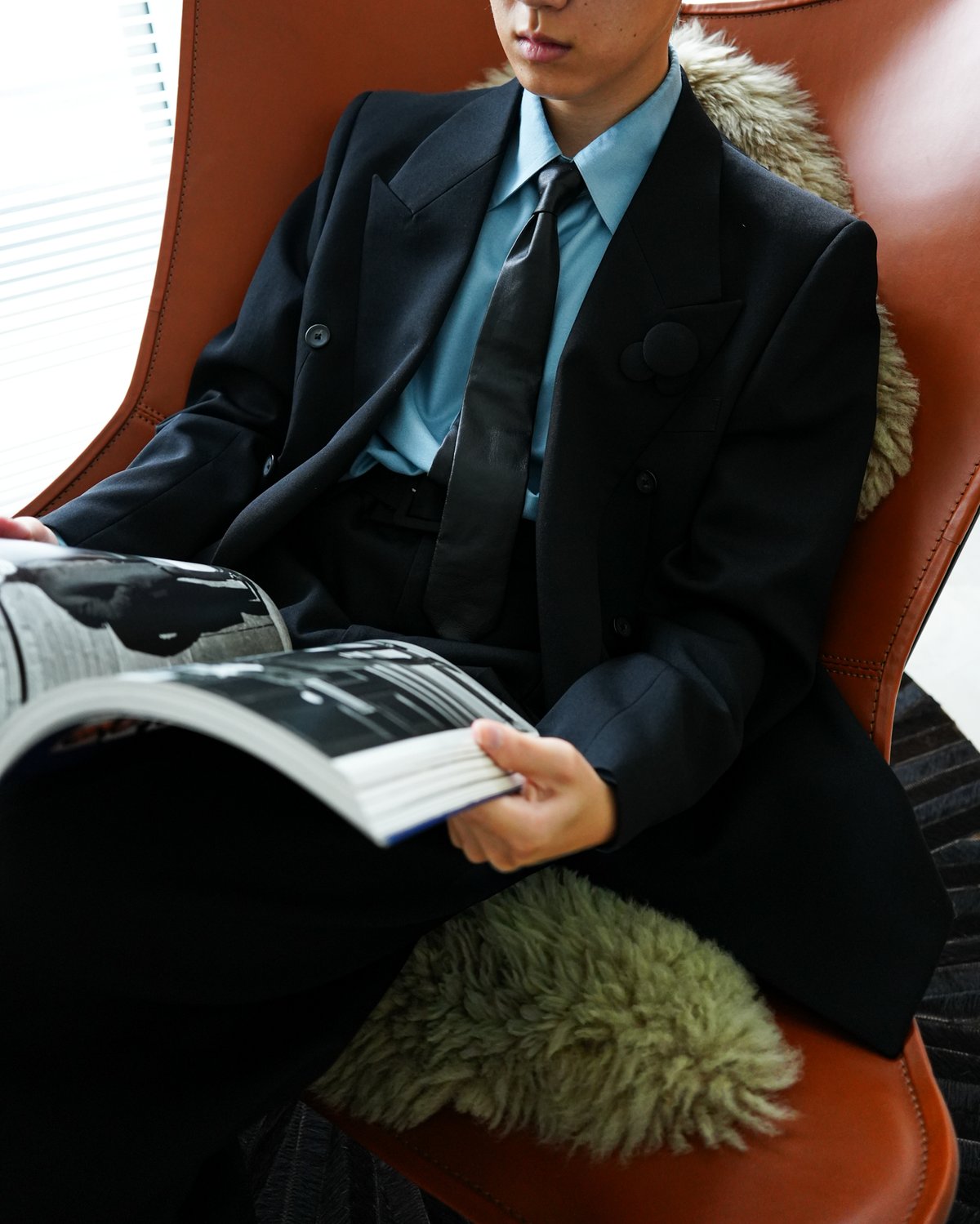 Smooth Lamb Leather Narrow Tie【Black】 | GROSGRAIN