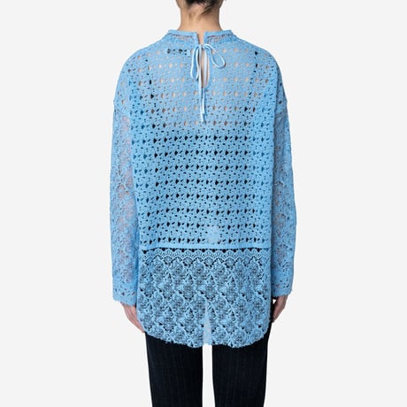 【Greed International グリードインターナショナル】Floral Geometric Chemical Lace Moc Neck  Blouse (モックネックブラウス）Blue