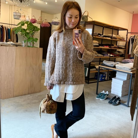 【Greed International グリードインターナショナル】Mix Seed Stitch Long Slit Sweater  (ロングスリットセーター)-brown