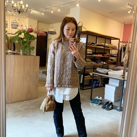 【Greed International グリードインターナショナル】Mix Seed Stitch Long Slit Sweater  (ロングスリットセーター)-brown