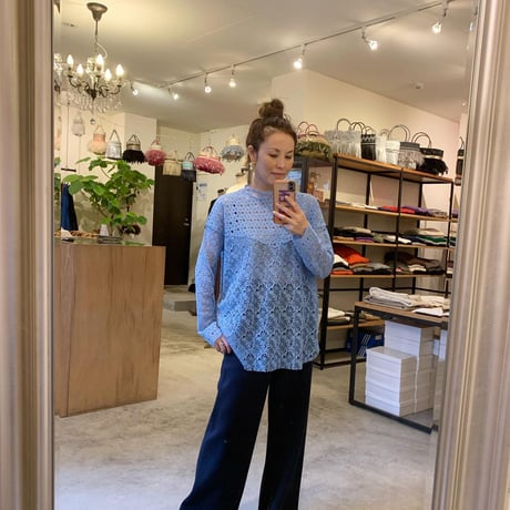【Greed International グリードインターナショナル】Floral Geometric Chemical Lace Moc Neck  Blouse (モックネックブラウス）Blue