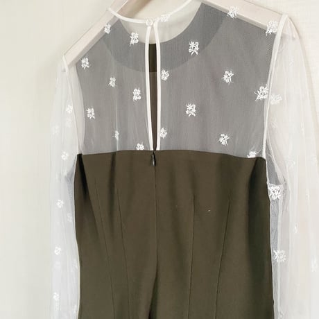 【Greed International グリードインターナショナル】Small Flower embroidery Dress in Navy/Khake