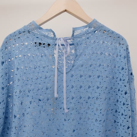 【Greed International グリードインターナショナル】Floral Geometric Chemical Lace Moc Neck  Blouse (モックネックブラウス）Blue