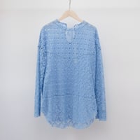【Greed International グリードインターナショナル】Floral Geometric Chemical Lace Moc Neck  Blouse (モックネックブラウス）Blue