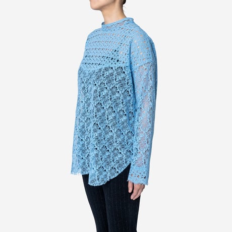 【Greed International グリードインターナショナル】Floral Geometric Chemical Lace Moc Neck  Blouse (モックネックブラウス）Blue