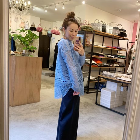 【Greed International グリードインターナショナル】Floral Geometric Chemical Lace Moc Neck  Blouse (モックネックブラウス）Blue