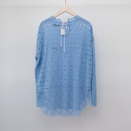 【Greed International グリードインターナショナル】Floral Geometric Chemical Lace Moc Neck  Blouse (モックネックブラウス）Blue