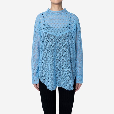 【Greed International グリードインターナショナル】Floral Geometric Chemical Lace Moc Neck  Blouse (モックネックブラウス）Blue