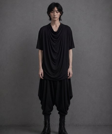 黒 ハイネック秋霖ワイドカットソー半袖