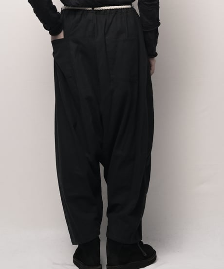 黒綿麻　縄ベルトサルエルパンツ
