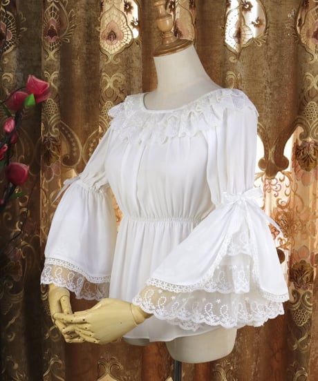 シフォン レース ラウンドネック 姫袖 ロリィタインナーブラウス [LO557]