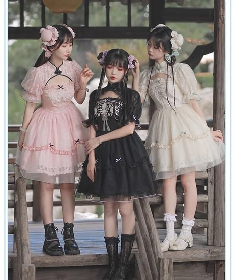 with PUJI  / 中華風 ロリィタドレス 長安謡 半袖ワンピース ピンク XL[LO844]