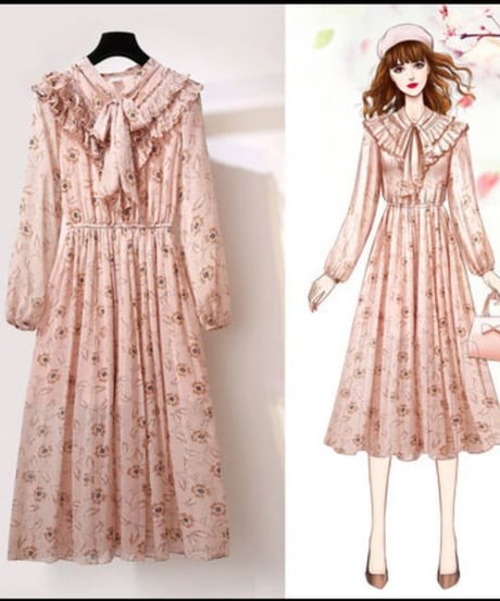 ピンク 二重にプリーツフリルを胸元にあしらった ボウタイ シフォン プリーツスカート ワンピース XL [OP157]